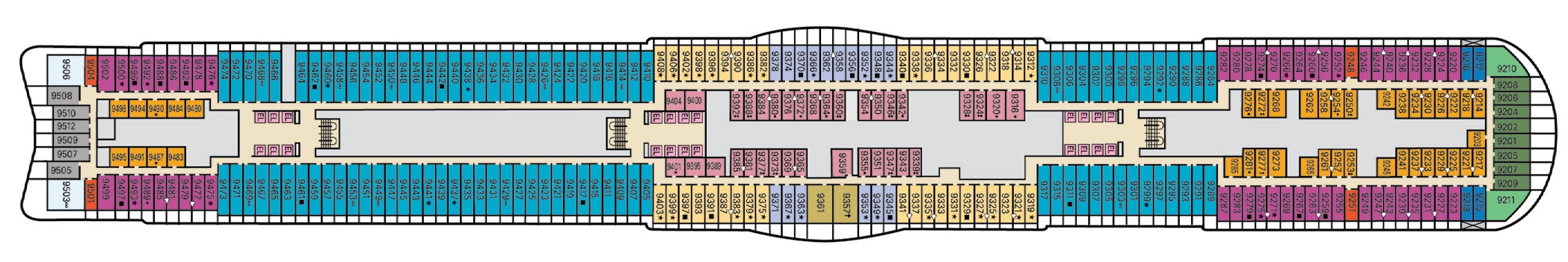 Carnival Tropicale, Deck 9: official cabin and venue layout