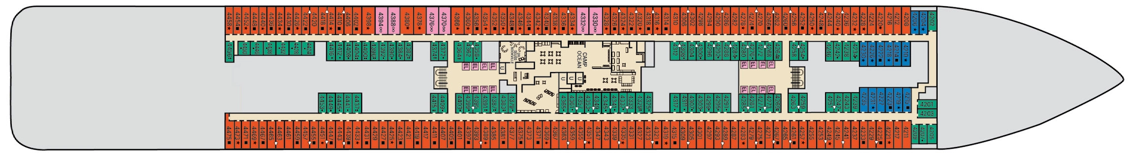 Carnival Tropicale, Deck 4: official cabin and venue layout