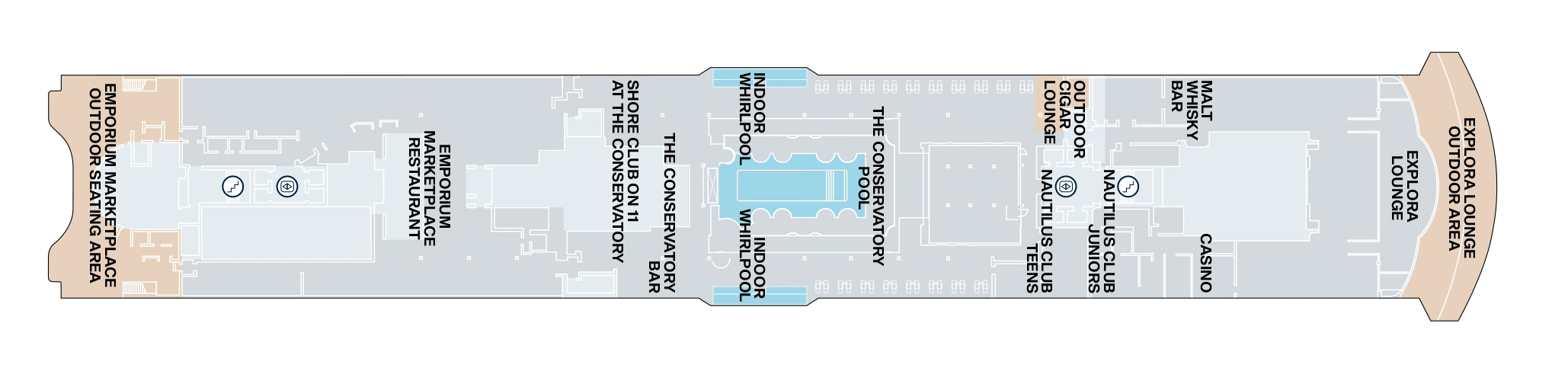 Explora V, Deck 11: official cabin and venue layout