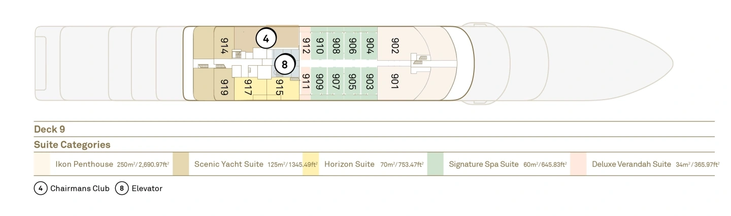 Scenic Ikon, Deck 9: official cabin and venue layout