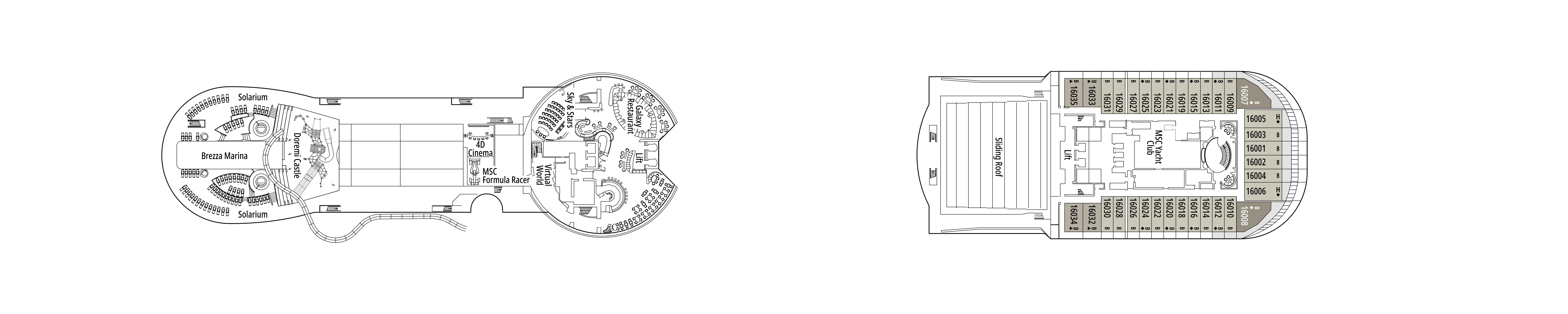 MSC Preziosa, Deck 16: official cabin and venue layout