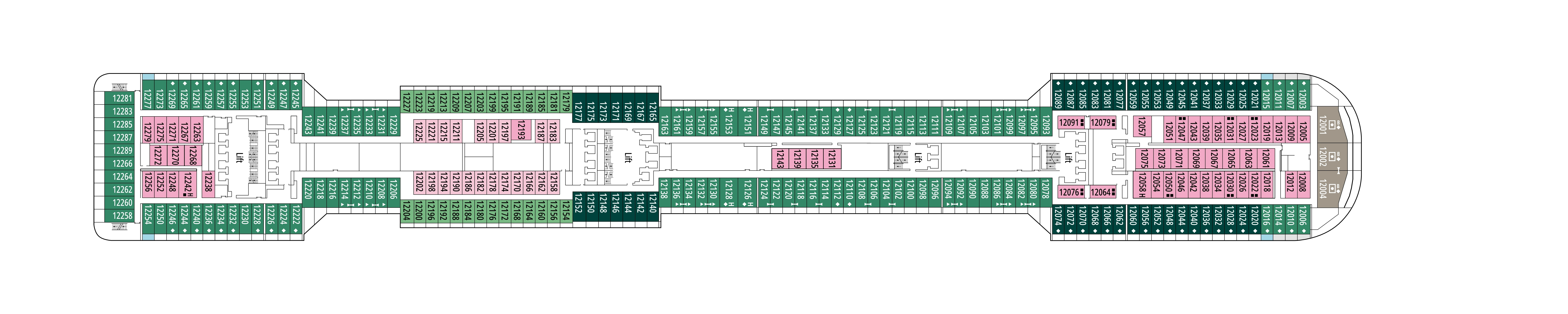 MSC Preziosa, Deck 12: official cabin and venue layout