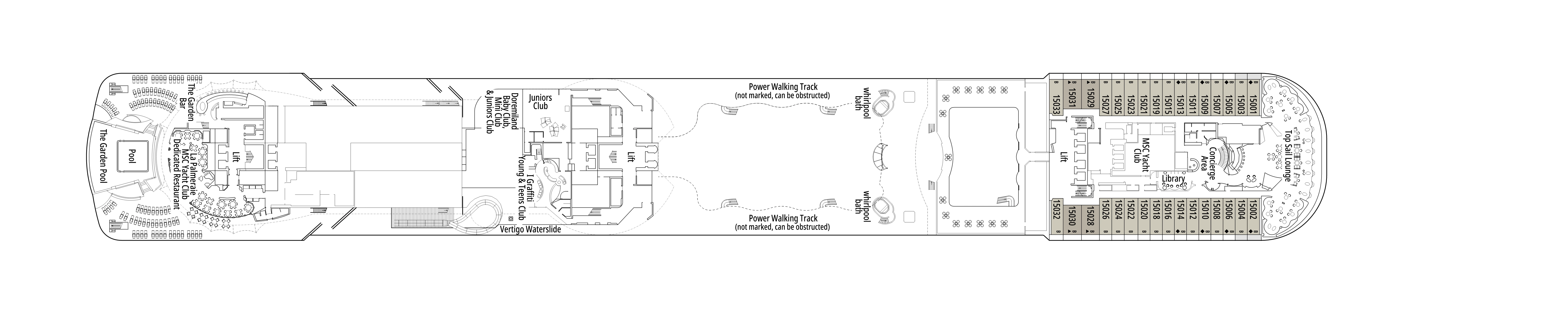 MSC Preziosa, Deck 15: official cabin and venue layout