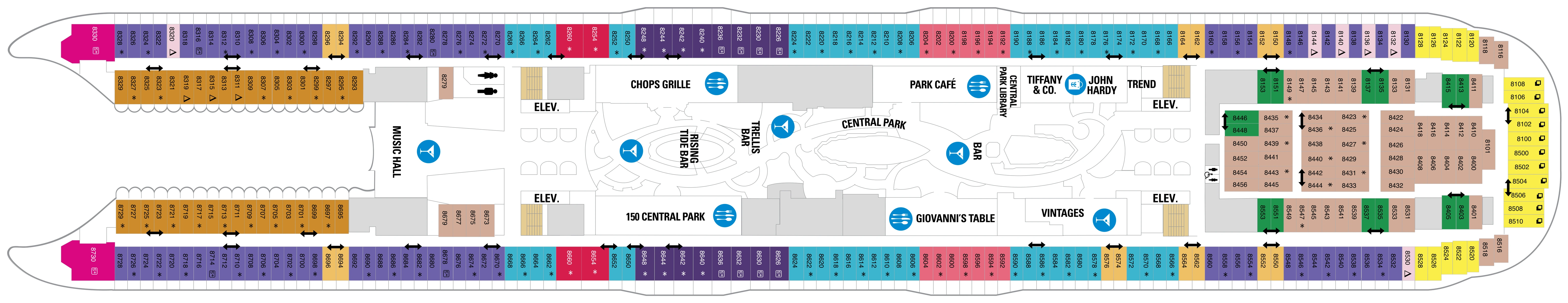 Oasis of the Seas, Deck 8: official cabin and venue layout