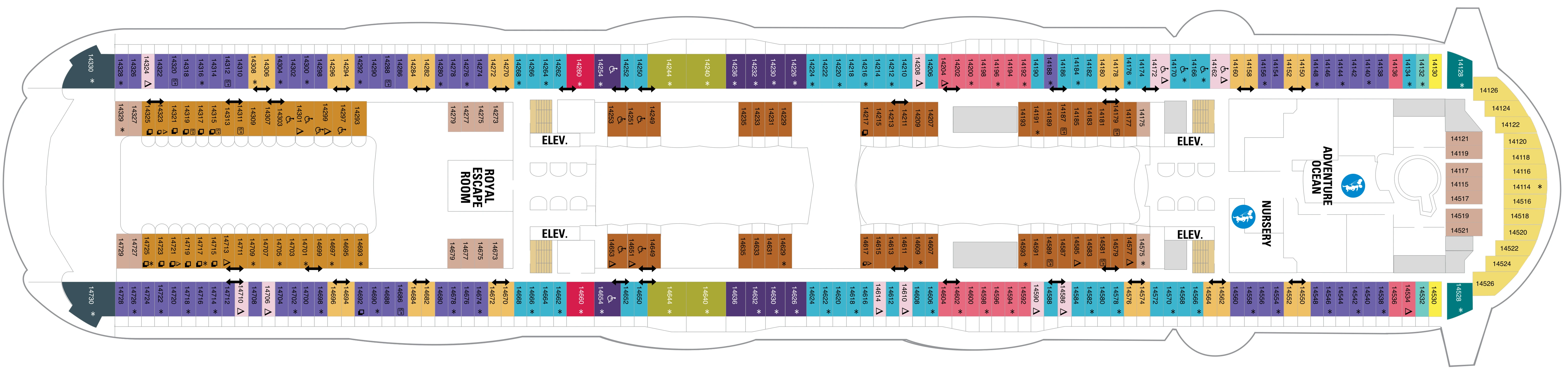 Oasis of the Seas, Deck 14: official cabin and venue layout