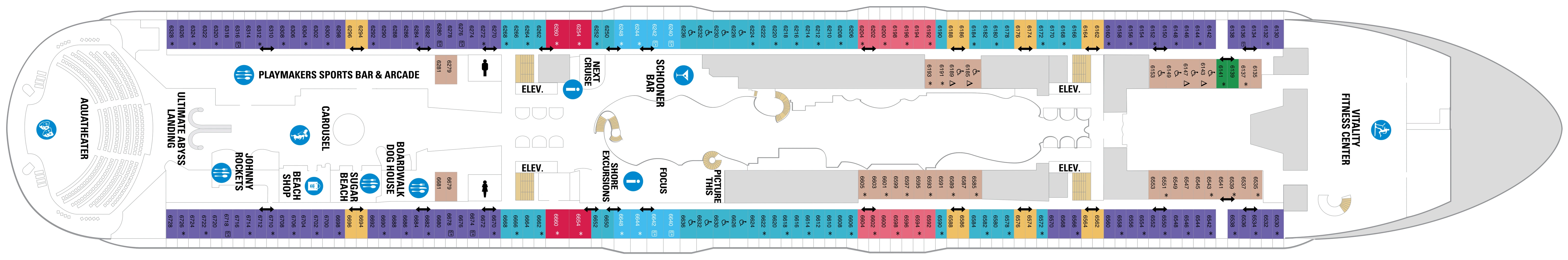 Oasis of the Seas, Deck 6: official cabin and venue layout