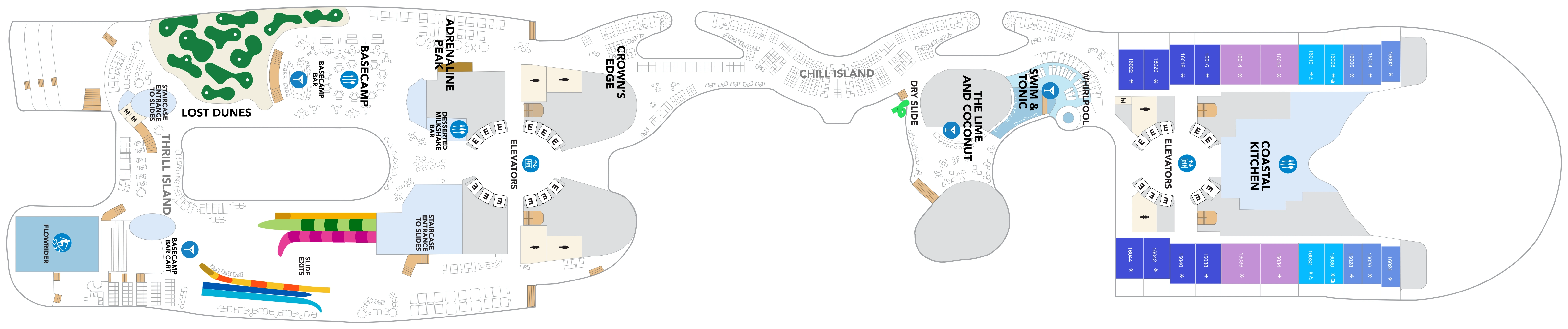 Icon of the Seas, Deck 16: official cabin and venue layout