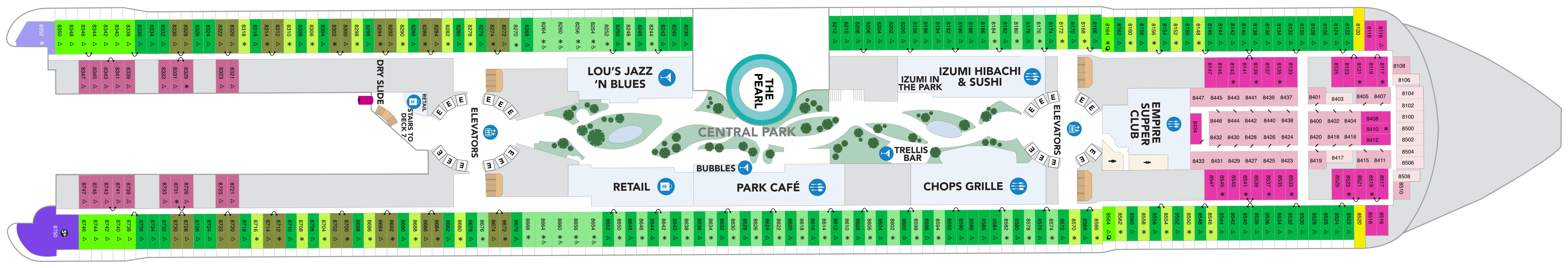 Icon of the Seas, Deck 8: official cabin and venue layout