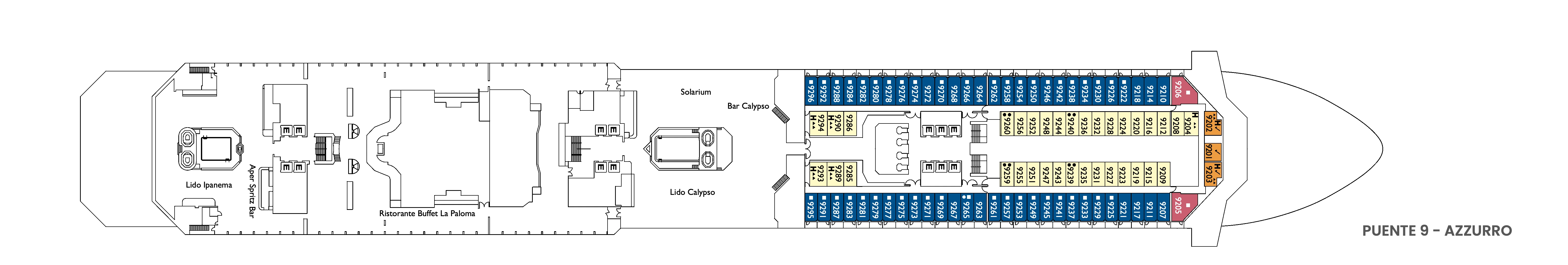Costa Pacifica, Deck 9: official cabin and venue layout