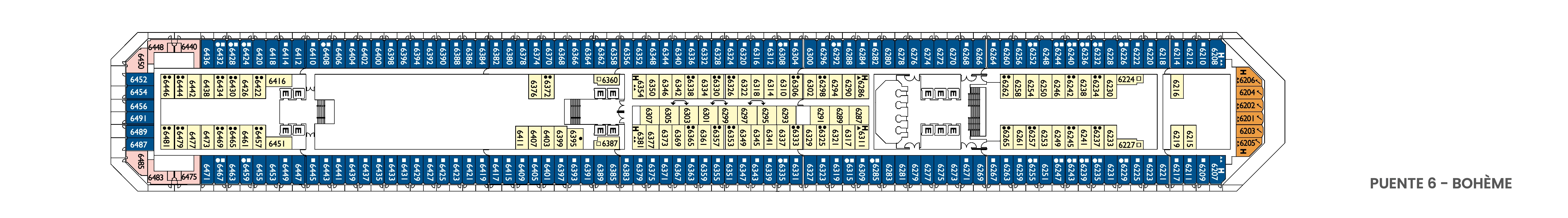 Costa Pacifica, Deck 6: official cabin and venue layout