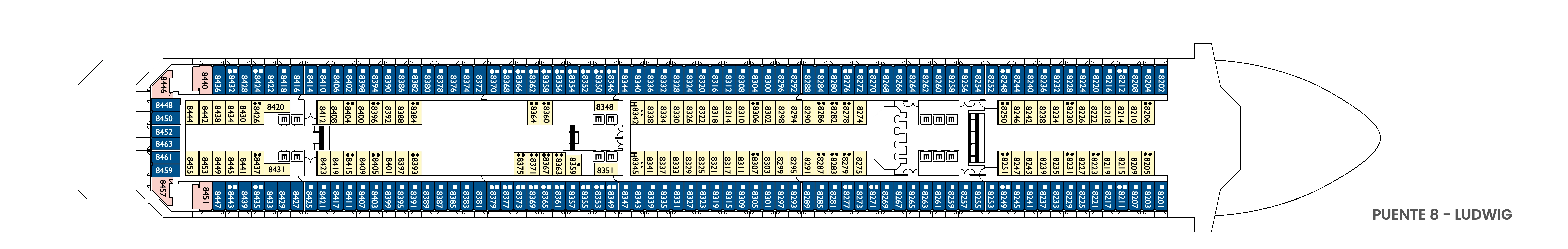 Costa Pacifica, Deck 8: official cabin and venue layout