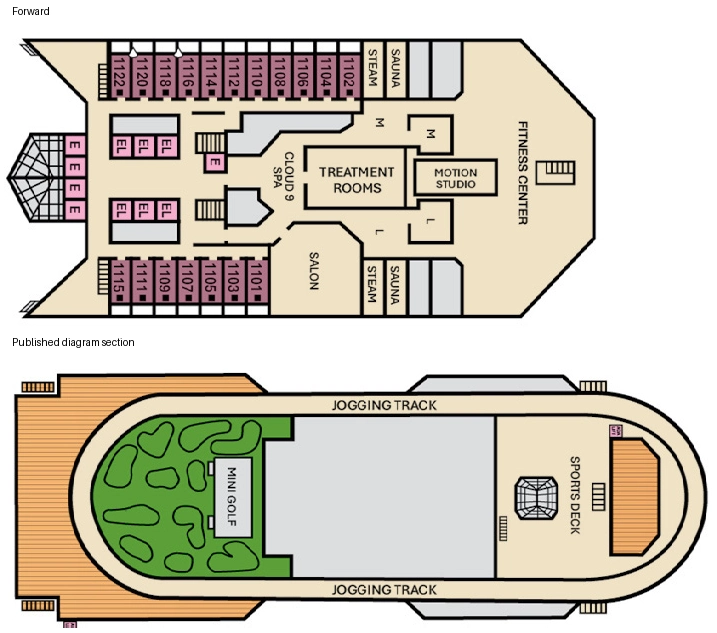 Carnival Liberty, Deck 11: official cabin and venue layout