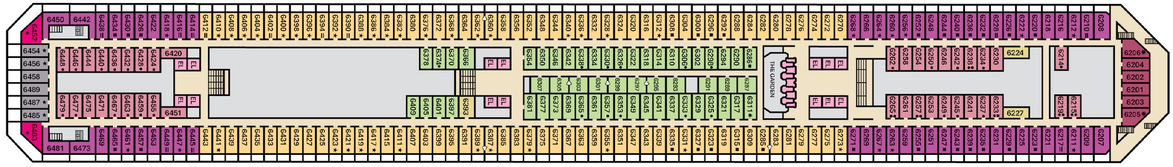 Carnival Liberty, Deck 6: official cabin and venue layout
