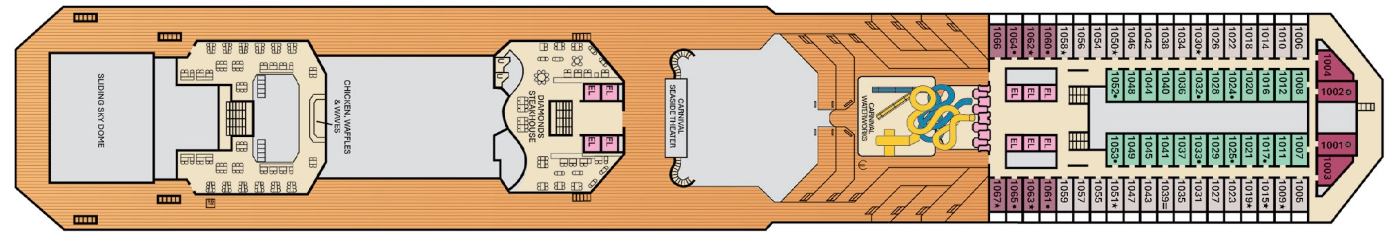 Carnival Liberty, Deck 10: official cabin and venue layout