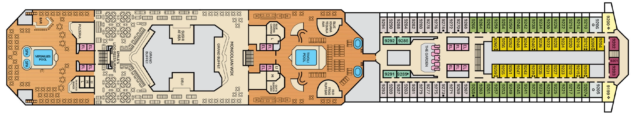 Carnival Liberty, Deck 9: official cabin and venue layout