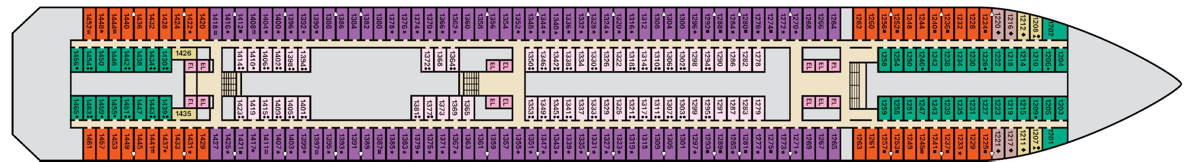 Carnival Liberty, Deck 1: official cabin and venue layout