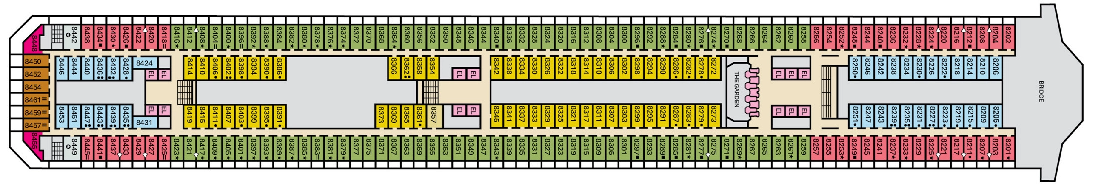 Carnival Liberty, Deck 8: official cabin and venue layout