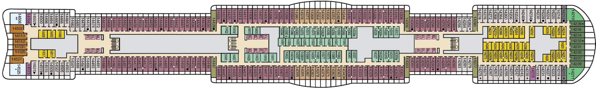 Carnival Celebration, Deck 14: official cabin and venue layout