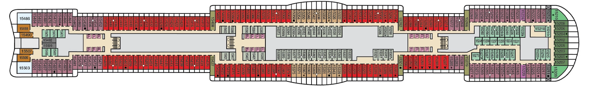 Carnival Celebration, Deck 15: official cabin and venue layout