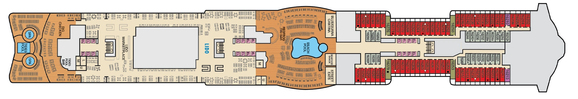 Carnival Celebration, Deck 16: official cabin and venue layout