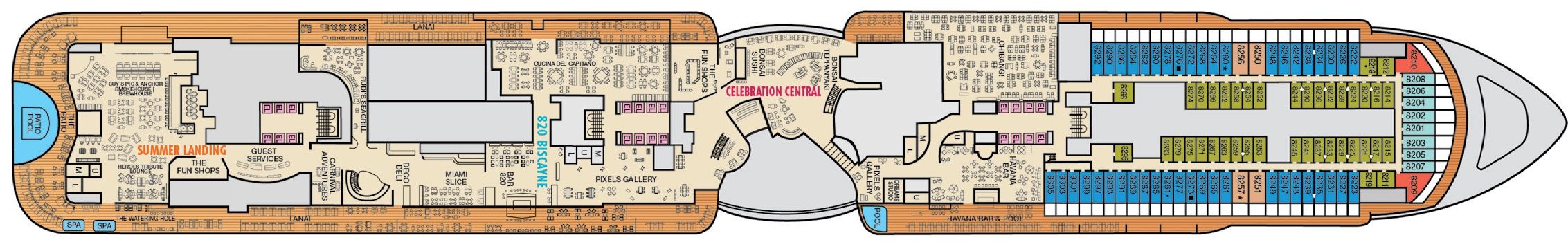 Carnival Celebration, Deck 8: official cabin and venue layout
