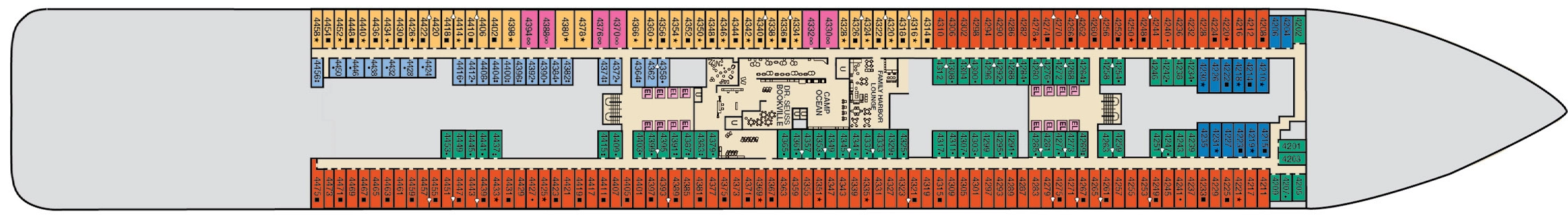 Carnival Celebration, Deck 4: official cabin and venue layout