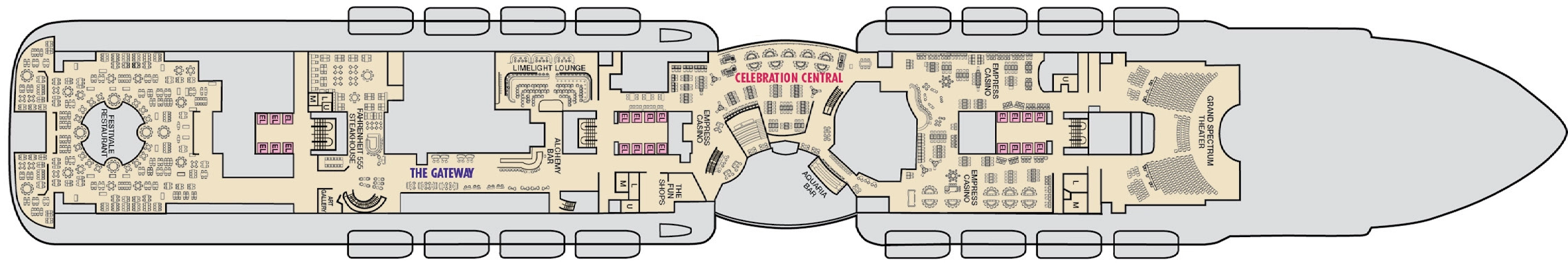 Carnival Celebration, Deck 7: official cabin and venue layout