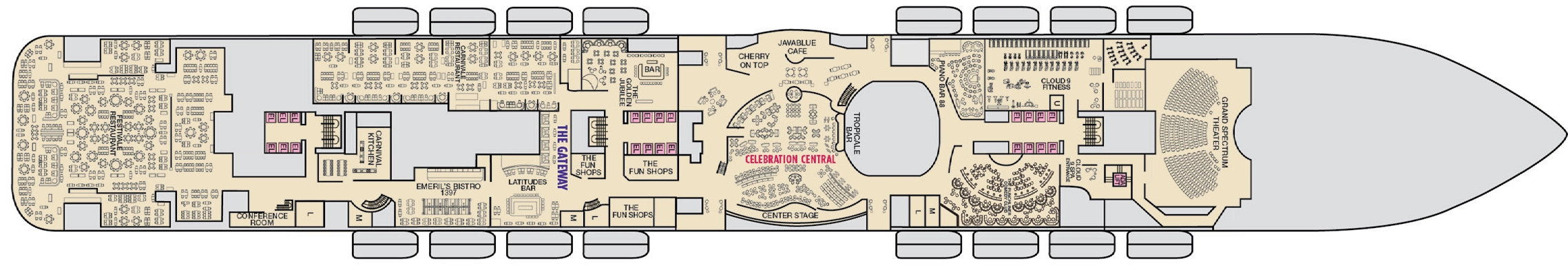 Carnival Celebration, Deck 6: official cabin and venue layout