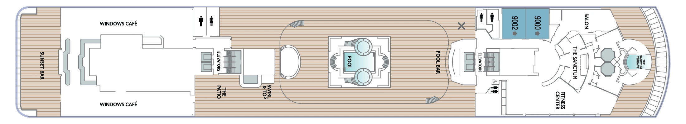Azamara Journey, Deck 9: official cabin and venue layout
