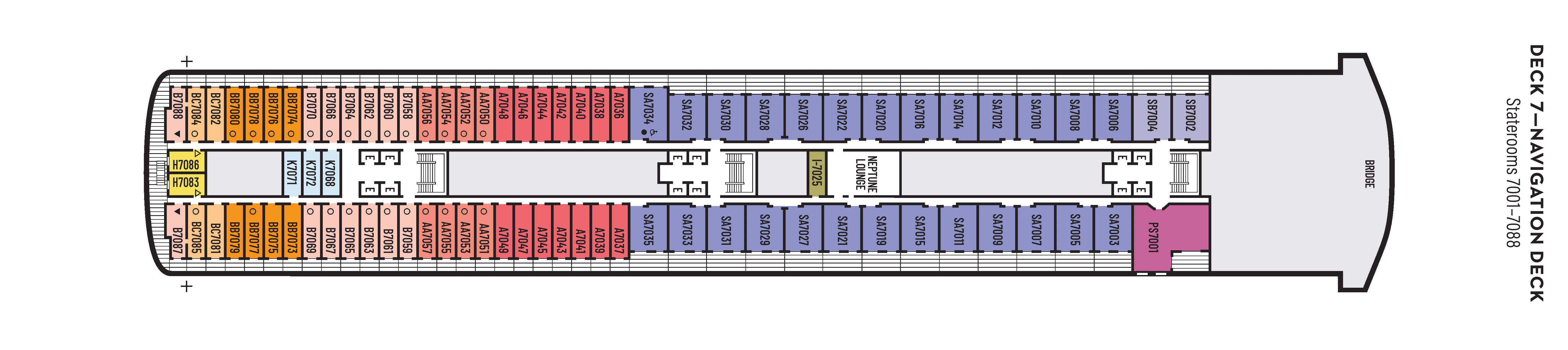 Zaandam, Deck 7: official cabin and venue layout