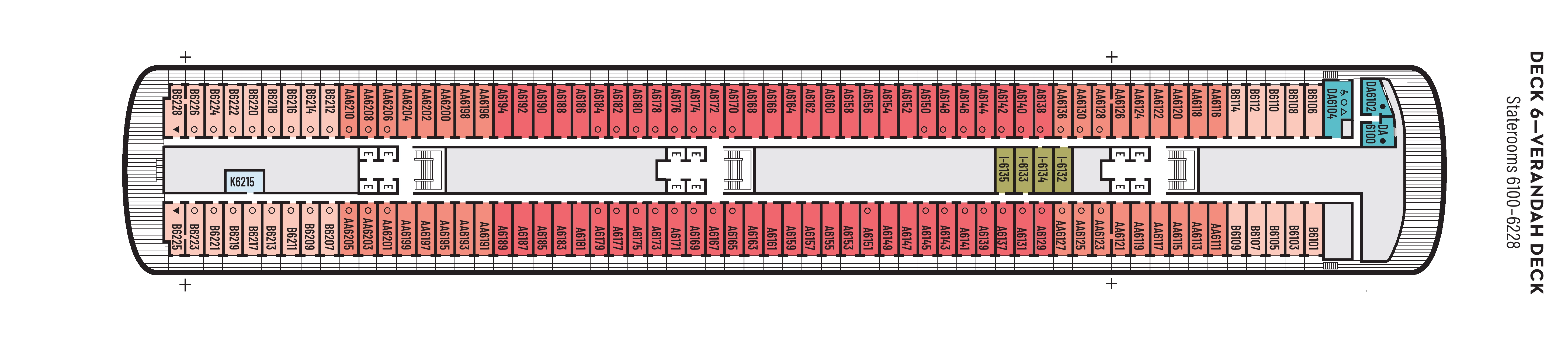 Zaandam, Deck 6: official cabin and venue layout