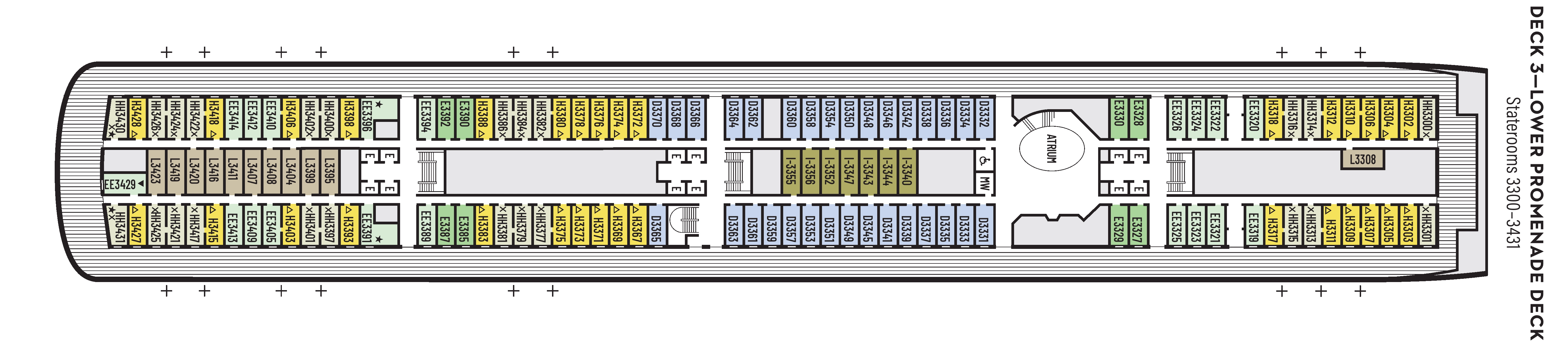 Zaandam, Deck 3: official cabin and venue layout