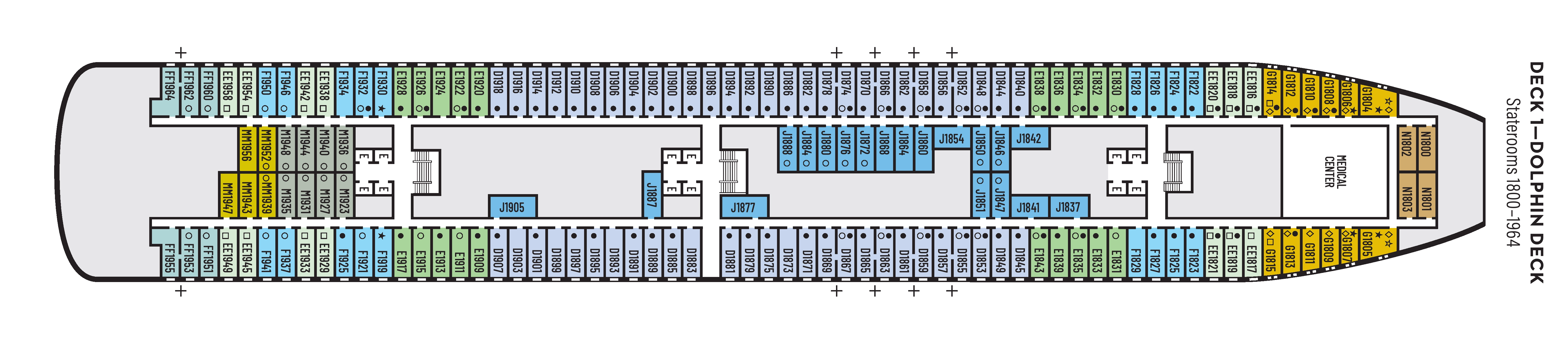 Zaandam, Deck 1: official cabin and venue layout