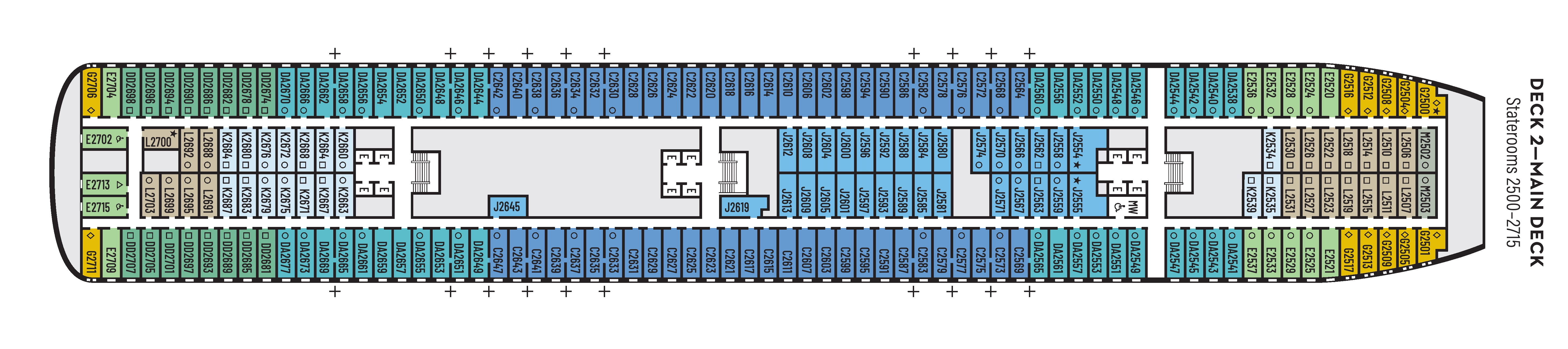 Zaandam, Deck 2: official cabin and venue layout