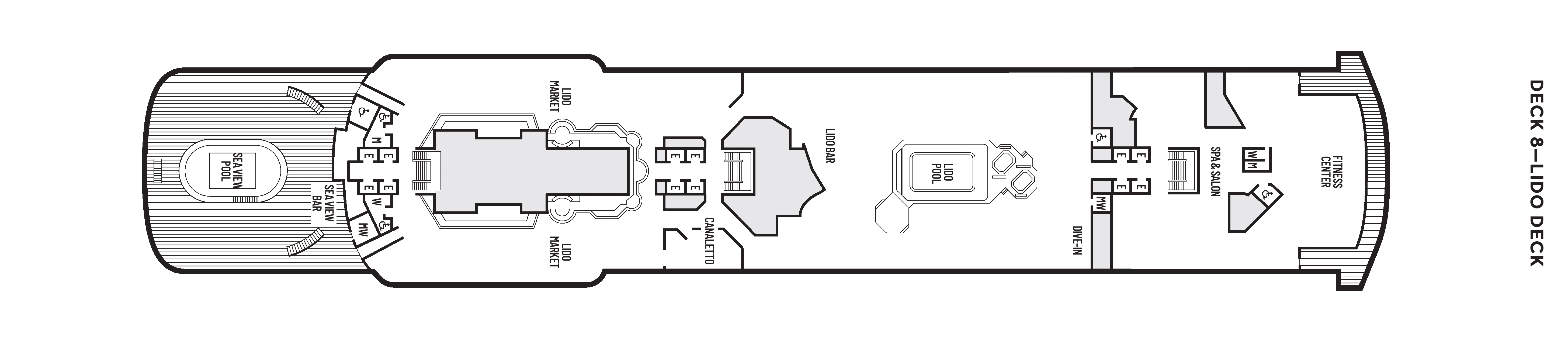 Zaandam, Deck 8: official cabin and venue layout