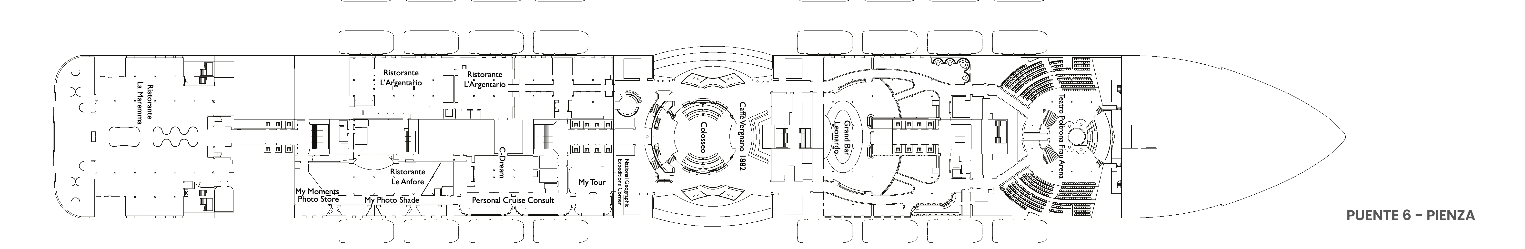 Costa Toscana, Deck 6: official cabin and venue layout