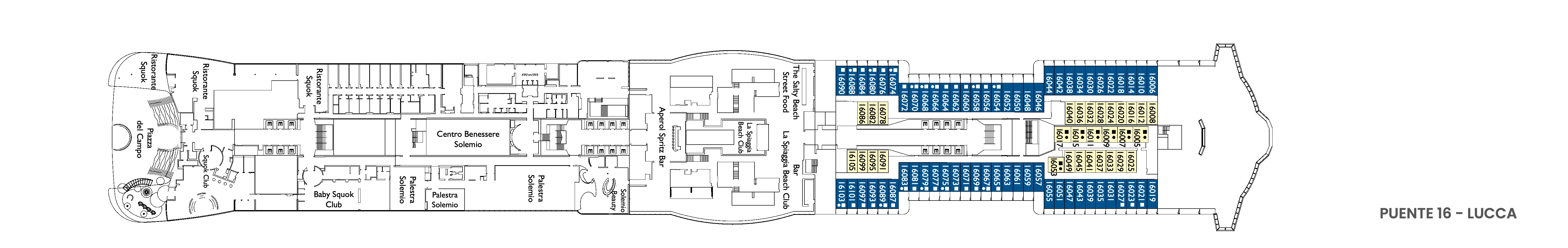 Costa Toscana, Deck 16: official cabin and venue layout