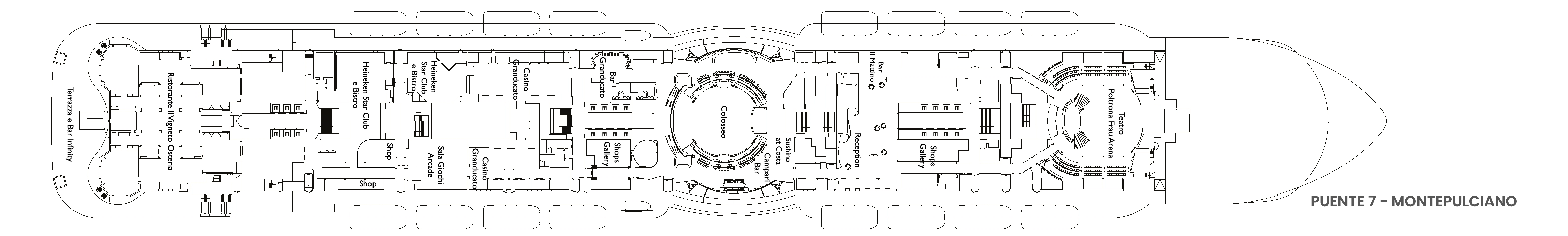 Costa Toscana, Deck 7: official cabin and venue layout