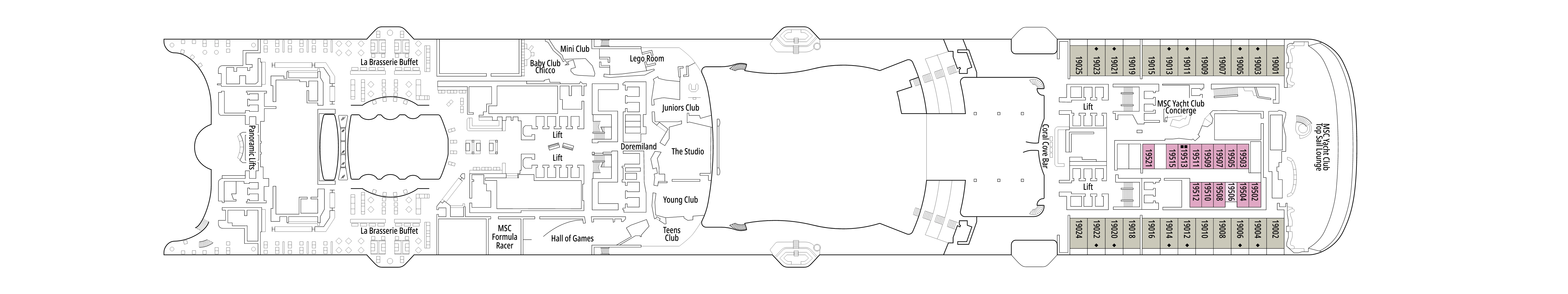 MSC World Asia, Deck 19: official cabin and venue layout