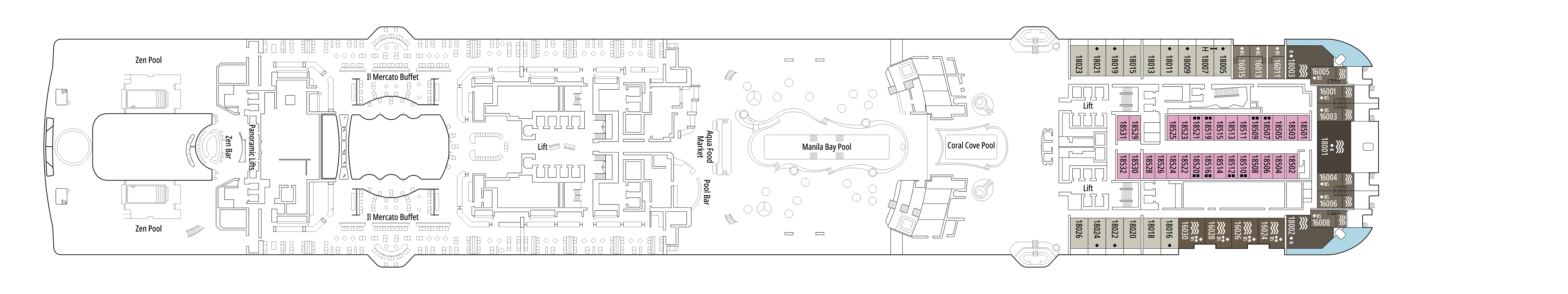 MSC World Asia, Deck 18: official cabin and venue layout