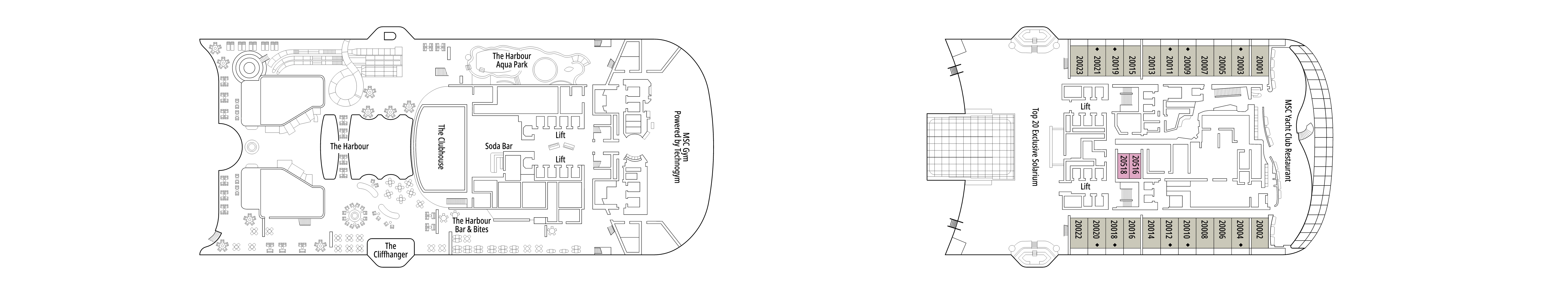 MSC World Asia, Deck 20: official cabin and venue layout