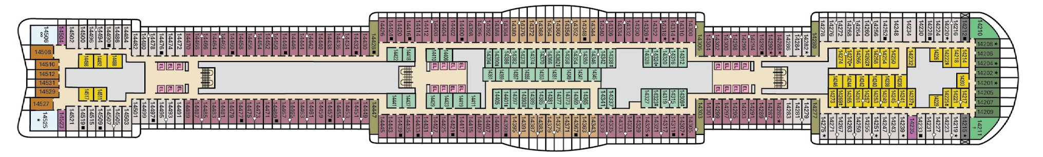 Carnival Festivale, Deck 14: official cabin and venue layout