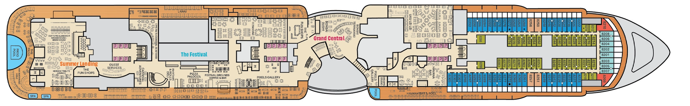 Carnival Festivale, Deck 8: official cabin and venue layout