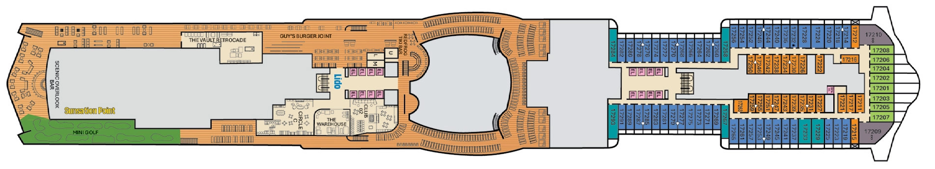 Carnival Festivale, Deck 17: official cabin and venue layout