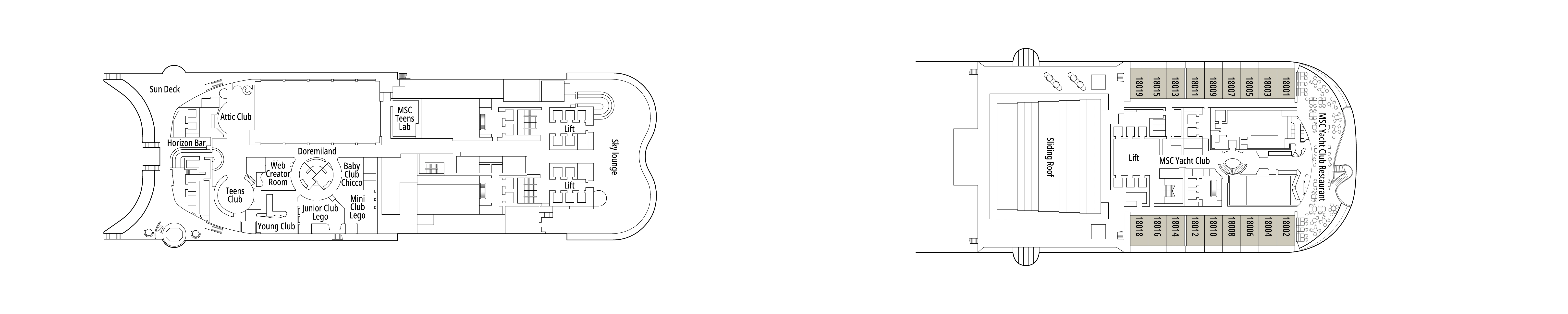 MSC Virtuosa, Deck 18: official cabin and venue layout
