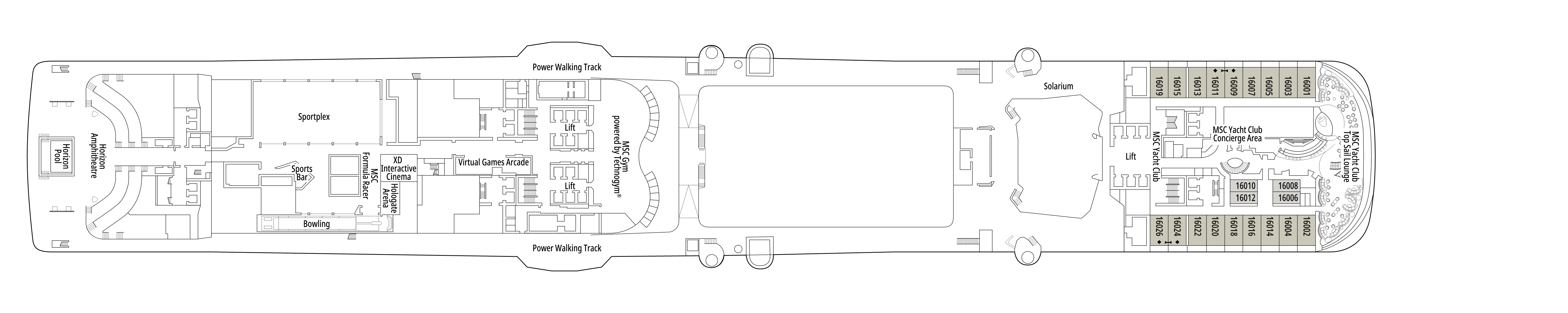 MSC Virtuosa, Deck 16: official cabin and venue layout