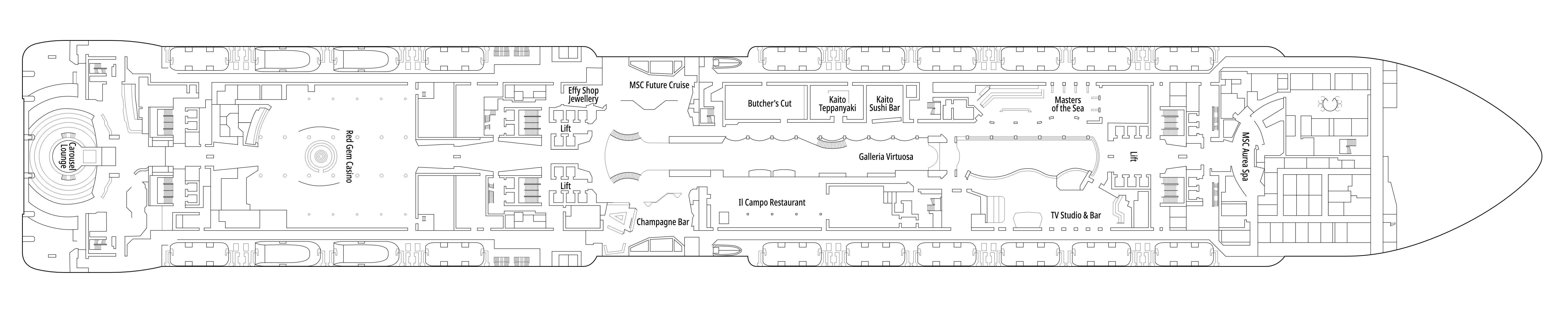 MSC Virtuosa, Deck 7: official cabin and venue layout