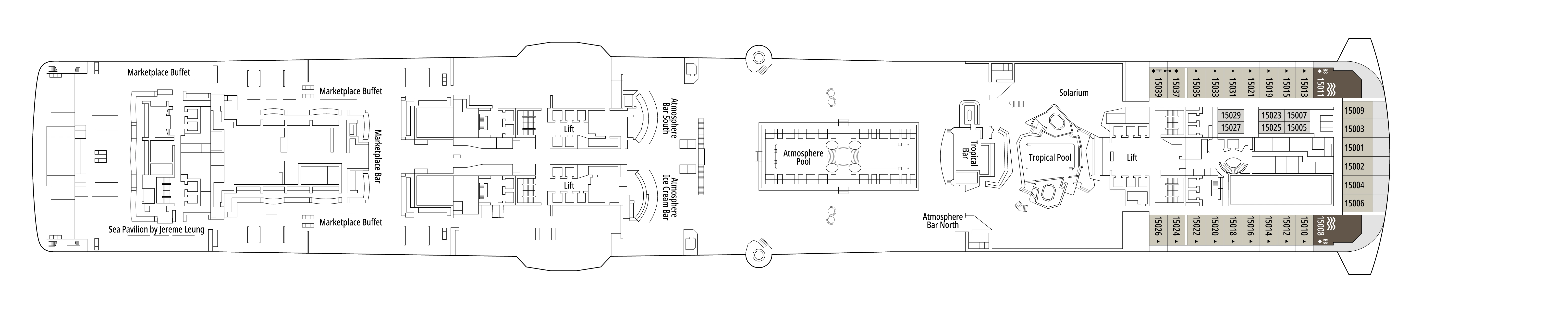 MSC Virtuosa, Deck 15: official cabin and venue layout