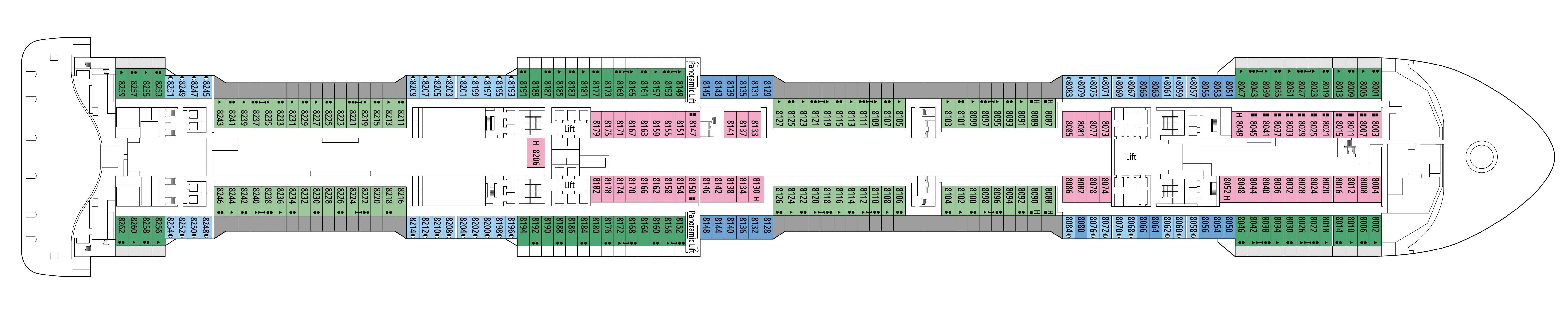MSC Virtuosa, Deck 8: official cabin and venue layout