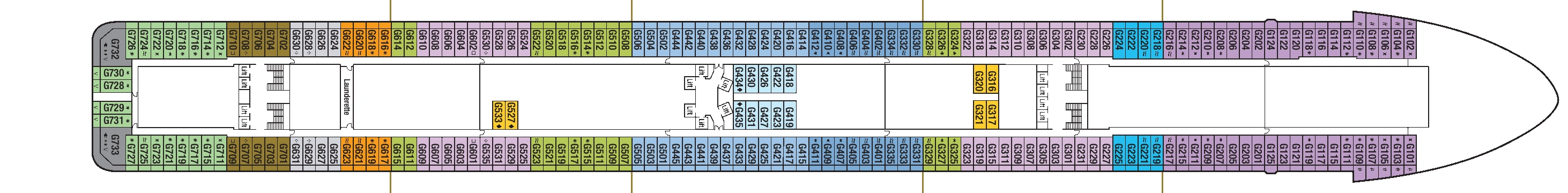 Britannia, Deck 8: official cabin and venue layout